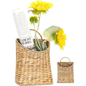 Front Door Basket - Rustic Farmhouse Door Basket, 13x8.5 Inch Hyacinth Woven Basket with Seagrass Mouth for Plants, Mail & Flowers, Entryway Home