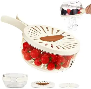 Upgrade Fruit Washer Strainer Bowl with Foldable Handle,Fruit Washing Bowl with Strainer,2 in 1 Vegetable Drain Basket,Multifunctional Fruit Colander Storage Container for Kitchen,Fridge,Picnic1