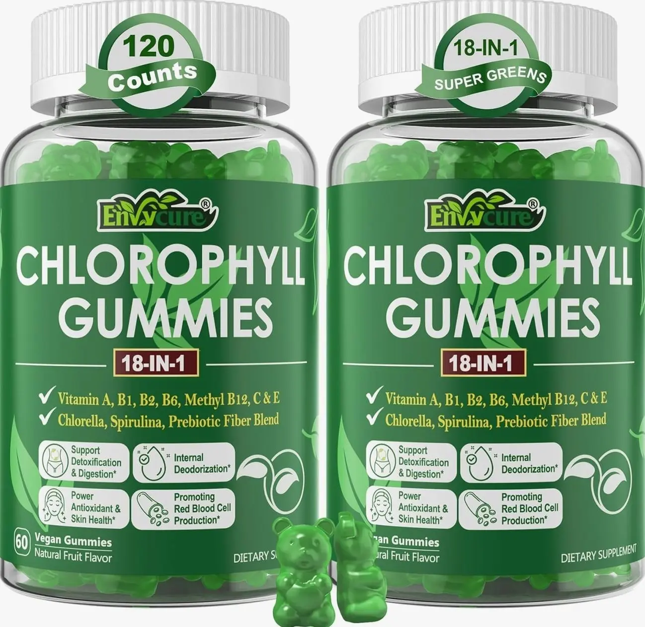 Chlorophyll Gummies, Super Green 18-IN-1 with Organic Chlorella Spirulina, Wheat Grass, Magnesium, Prebiotic Fiber for Internal Deodorant*,Comfort Digestion, Metabolism,Immune, Fresh Body Odor, 2Packs