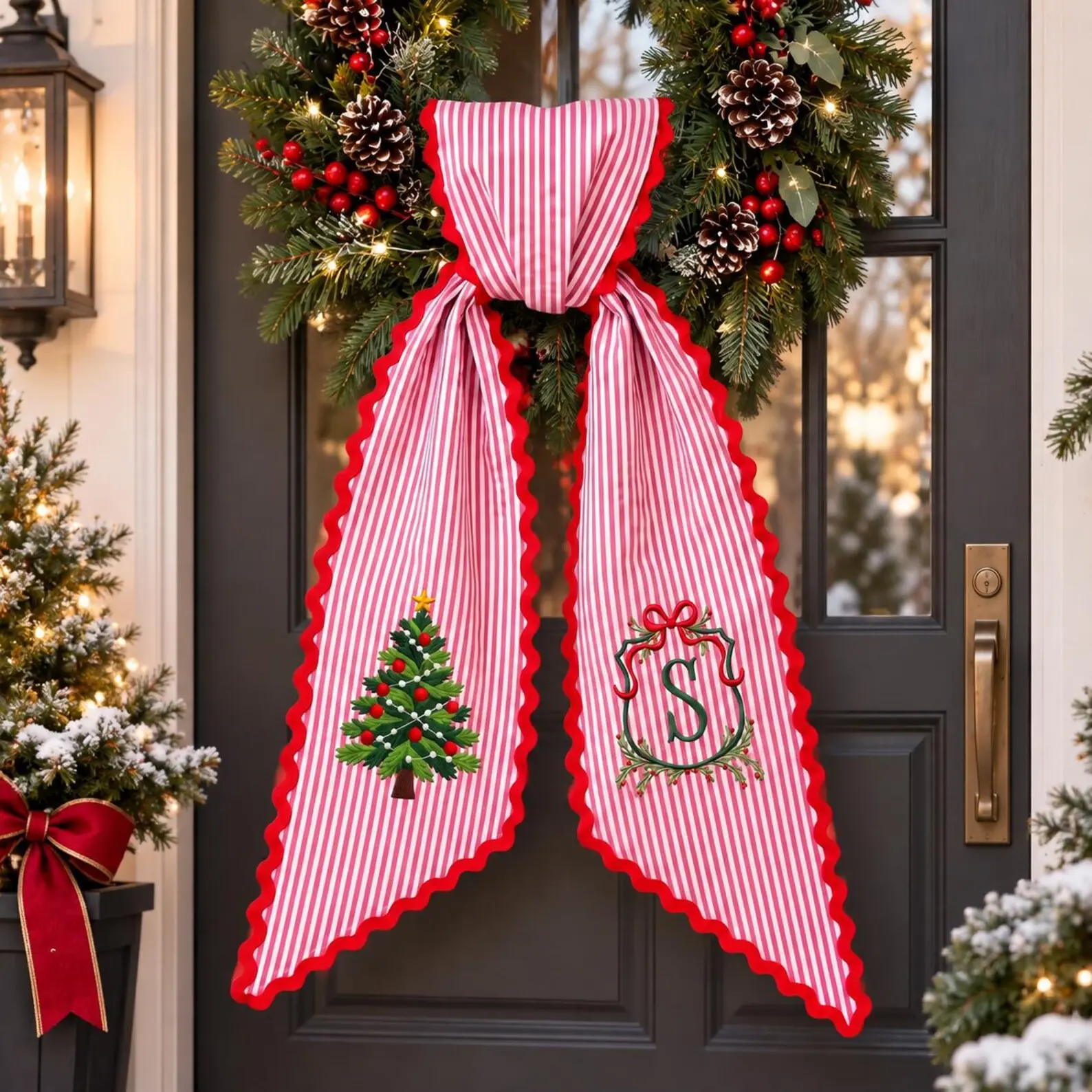 [CUSTOM]Personalized Christmas Wreath Sash, Custom Monogram Door Bow, Embroidered Christmas Tree Decor, Red Stripe Holiday Front Door Gift