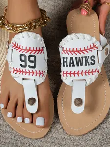 Women's Baseball Themed Sandals - Black Faux Leather Flip Flops with "99" & "HAWKS" Print, Sporty Stitching Detail Thong Slides for Summer