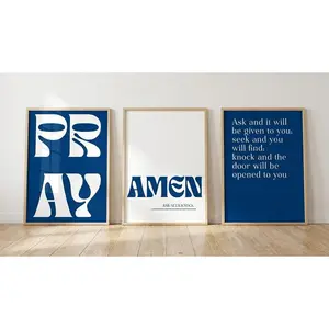 Blue Christian Wall Art Set of 3 Prints – AMEN Ask Seek Knock – Bible Verse Matthew 7:7 – Modern Minimalist Scripture Printable