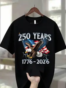 Bold Eagle Statement Top - Vintage Style 250 Years Print with Electric Blue Accents,Four-season casual short-sleeved T-shirt, sports T-shirt, travel outfit, home leisure wear.