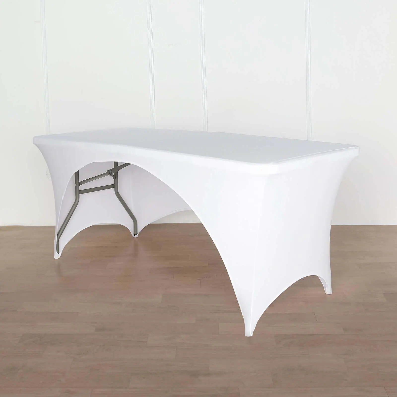 Stretch Spandex Rectangular Table Cover, 72"x30" White Indoor Formal Tablecloth - Curved Open Back, Easy-Install Snug Fit for Upscale Functions, Tradeshows