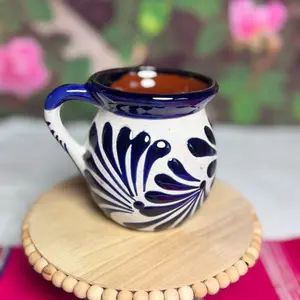 Engove Relieve Mug Azul Cobalto Blue and White Ceramic Cup with Floral Design on Wooden Coaster Drinkware Washable Reusable Coffee Tumbler Reuse