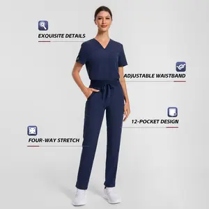 KUNGFU Scrubs Women Navy Blue Essential Scrub Set Top & Pants 4-way stretch Antimicrobial water proof 12 pockets Womenswear Clothes