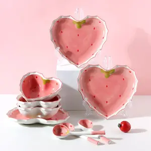 1 Piece/1 Set, Strawberry Heart-Shaped Plate, Ceramic Bowl, Advanced Ceramic Couple Bowl, Salad Bowl, Plate, Kawaii Strawberry Spoon, Home Cute Rice Bowl, Mother's Day Tableware, Kitchen Supplies