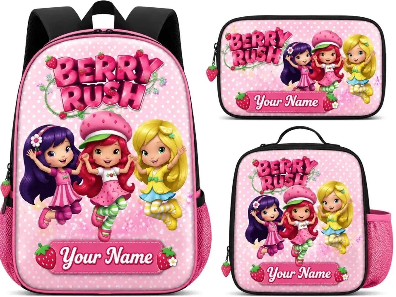 Custom Name Cute Berry Rush Student Backpack Set | 3Pcs Schoolbag Insulated Lunch Bag Pencil Case | Personalized Back to School Gift for Girls