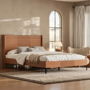 Full Size Platform Bed with Bamboo-made Structure, Mid-century Style Full Bed Frame with Headboard, Round Corner Design, Natural