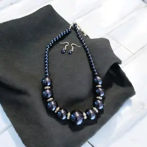 Navy Blue Bead Necklace Set with Round Beads and Earrings