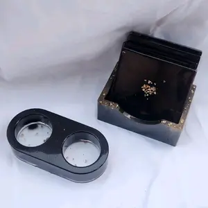 Dark Royalty Epoxy Resin Coaster Set with Double Tea Light Candle Holder in Elegant Black Design Decor Metal