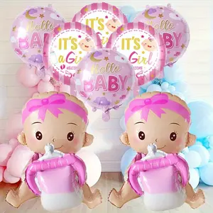 8pcs Blue Children Bottle Doll Balloon Set, Aluminum Foil Round Ball Decorations, Birthday Party Indoor Decoration Supplies