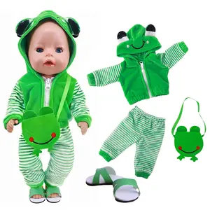 Cute Animal Zipper Hoodie Set, Doll Clothes Set for 18 Inch American Dolls, Includes Shirt, Pants, Bag, Slippers, Unisex Christmas Gift for Kids