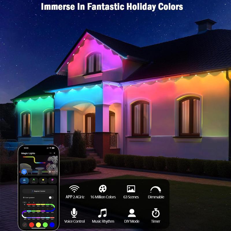 105ft/164ft 16 Million Colors IP67 Waterproof Smart Color Lights 63 Modes TUYA App Voice Control Music Sync Timer for Eaves Walls Pools Lawns Paths Fence