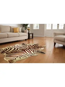 212 MAIN 6 x 7 ft. Genuine Hand-Knotted Zebra Print Cowhide Novelty Area Rug, Low Pile, Stain Resistant, Natural & Brown, Low Pile Rug, Stain Resistant Rug