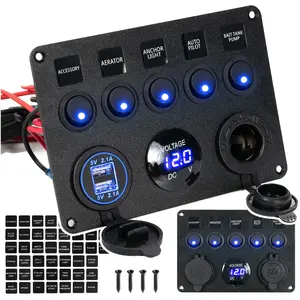 Van Life Overlanding 5 Gang Rocker Switch Panel, 12V 24V Aluminum IP67 Waterproof Control Panel, Dual USB Charger Voltmeter Blue LED Indicator, Multi-Function Electrical Upgrade for RV Truck Camper Van Boat Marine ATV UTV Off-Road Vehicle