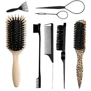 8-Piece hair styling tool set includes a Curl Defining Brush, rat-tail brush, beard styling brush, hairline brush, edge comb, cleaning claw, and sectioning ring tool—a professional parting, backcombing, and styling set suitable for curly hair, straig
