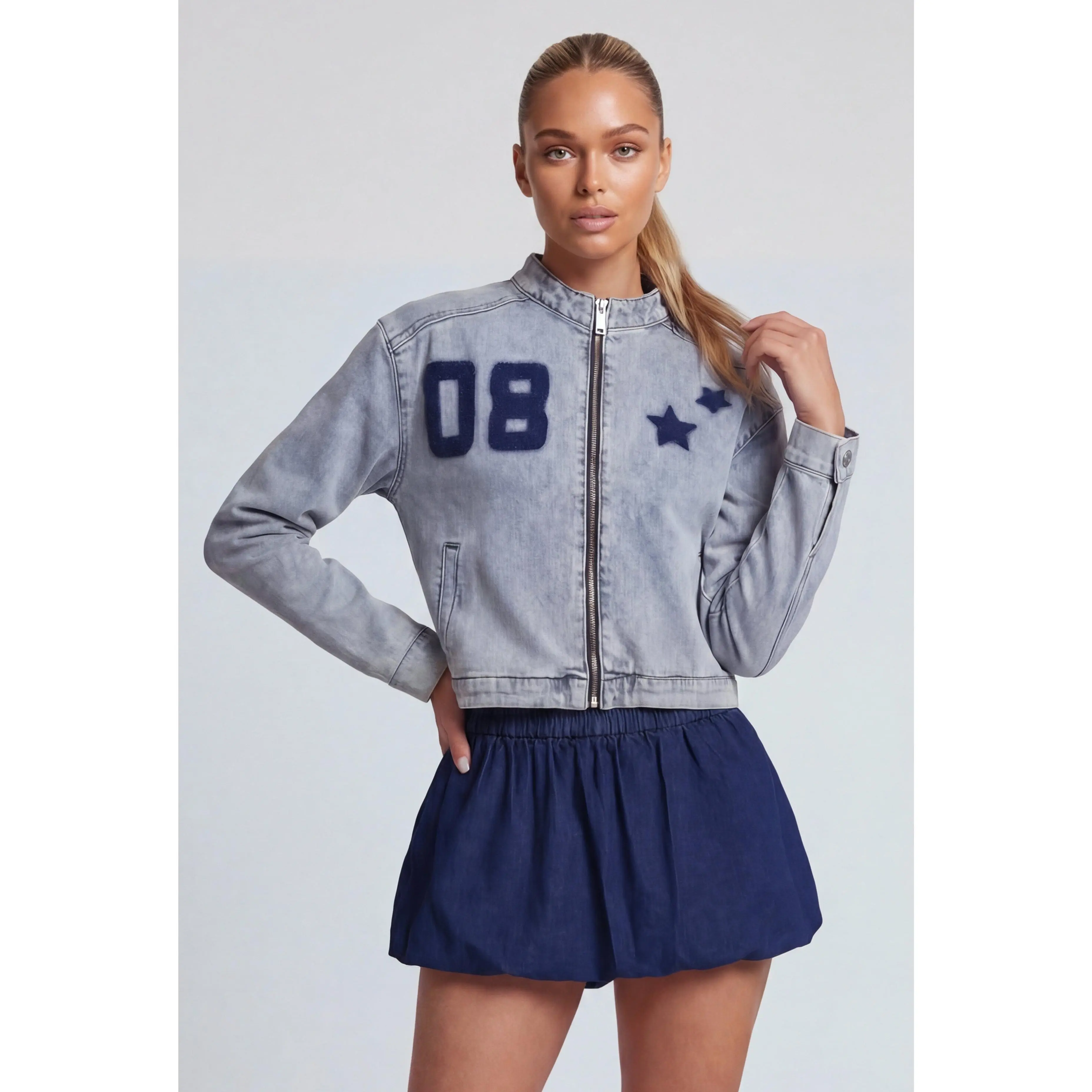 Star Patch Zip Front Denim Jacket