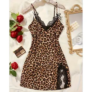 Sexy Leopard Print Nightgown for Adults - Polyester Blend (95% Polyester, 5% Elastane) - Sleeveless Knit Fabric Sleepwear with Lace Trim - Breathable Summer Night Dress