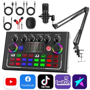 Professional Audio Mixer,F009 Live Sound Card and Audio Interface with with BM800 Podcast Microphone DJ Mixer Effects and Voice Recording Studio,Podcast Production Studio Equipment,for Vlog Streaming/Podcasting/Gaming Live Streaming YouTube TikTok Twitch