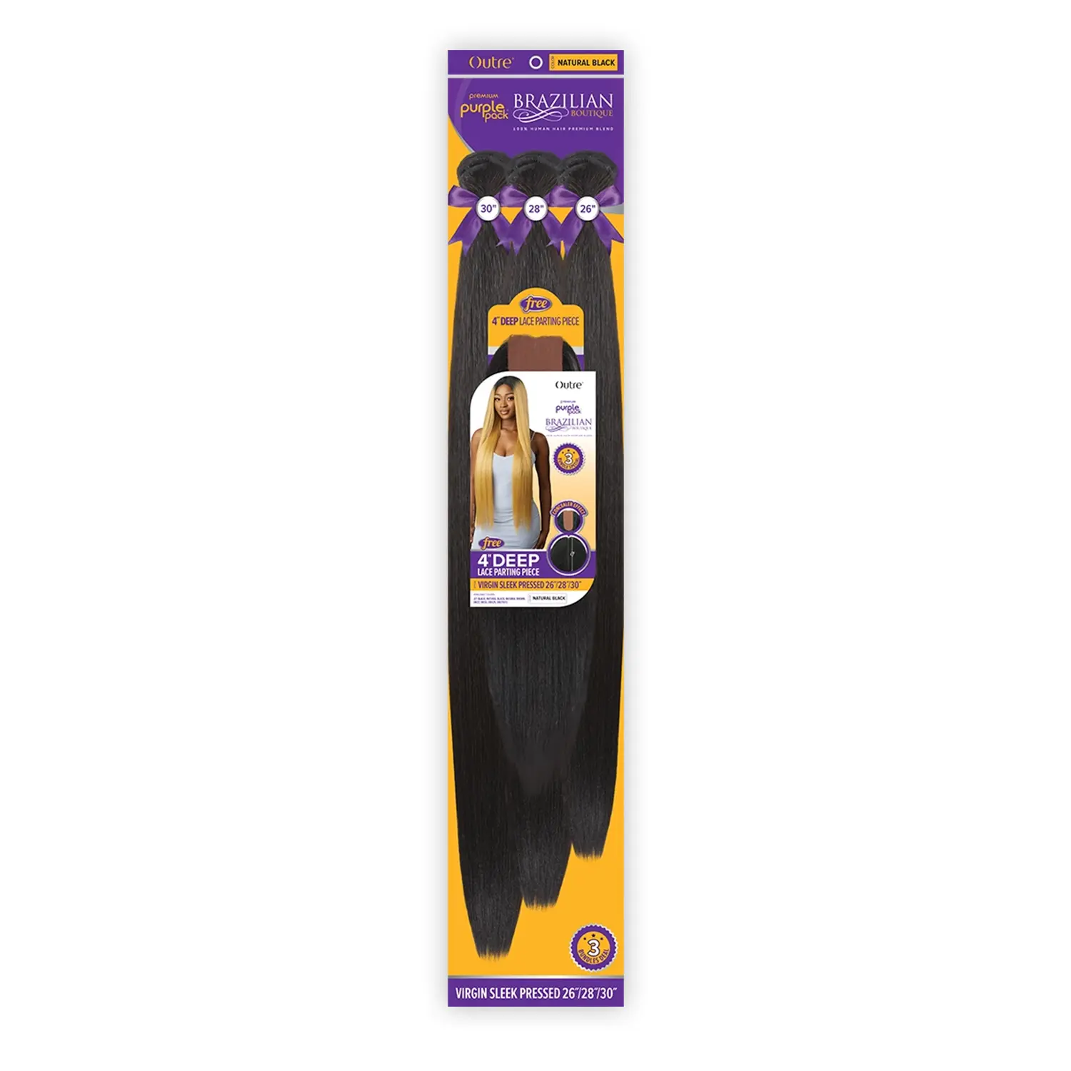 Outre Purple Pack Premium Brazilian Straight Weave, 3 Human Hair Blend Bundles 26" 28" 30" with 4" Deep Lace Closure, Sleek Pressed with Concealer Effect, Brazilian Straight Bundles, Full Bundles