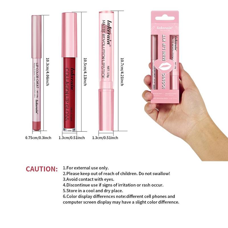 Iconic Mini Lip Kit, 3 Counts/Set, Waterproof and Smudge-Proof Lipstick Set, High-Pigment Lip Liner, Matte Lip Pencil, Lip Liner+Matte Lipstick+ Lip Gloss, All-in-One Longwear Lip Makeup, for Outdoor and Travel, Lip Cosmetics, Lip Makeup