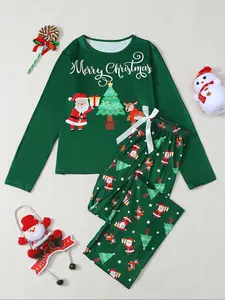 Women's Christmas Deer Print Pajama Set, Long Sleeve Round Neck, Soft Breathable Fabric, Casual Fitted Two-Piece Sleepwear