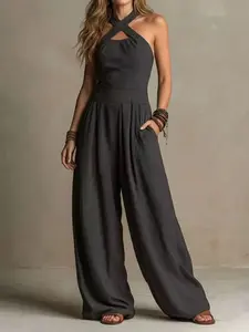 Crisscross Halter Neck Cutout Knit Jumpsuit for Women, Casual Loose Wide Leg Flowy Overalls