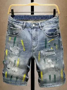 Men's Distressed Washed Vintage Paint Trendy Shorts, American Casual Print Denim Shorts, Loose-Fitting Mid Waist Street Style
