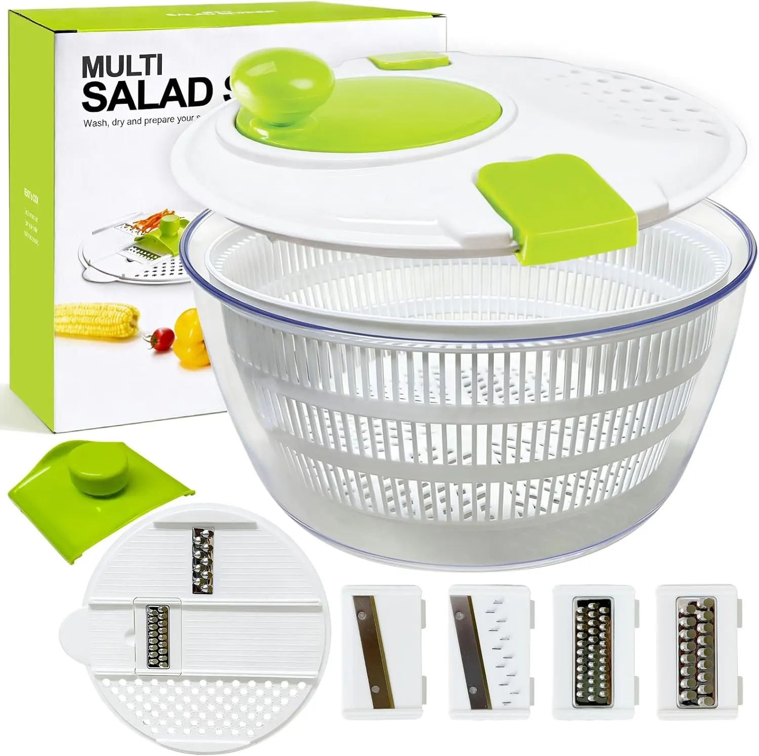 Large Salad Spinner - BPA-Free Kitchen Salad Bowl for 1-4 People, Detachable 4-Blade Slicer, Basket, Handles, Lid, Vegetable & Fruit Washer Dryer with Disassemble Design for Compact Storage & Daily Meals