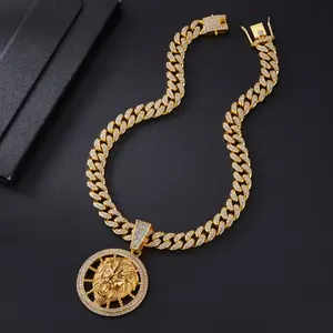 1pc Hip-Hop Iced Lion Head Pendant with Miami Cuban Link Chain, Fashion Jewelry Gift for Men and Women, Sparkling CZ Inlay, Gold Necklace