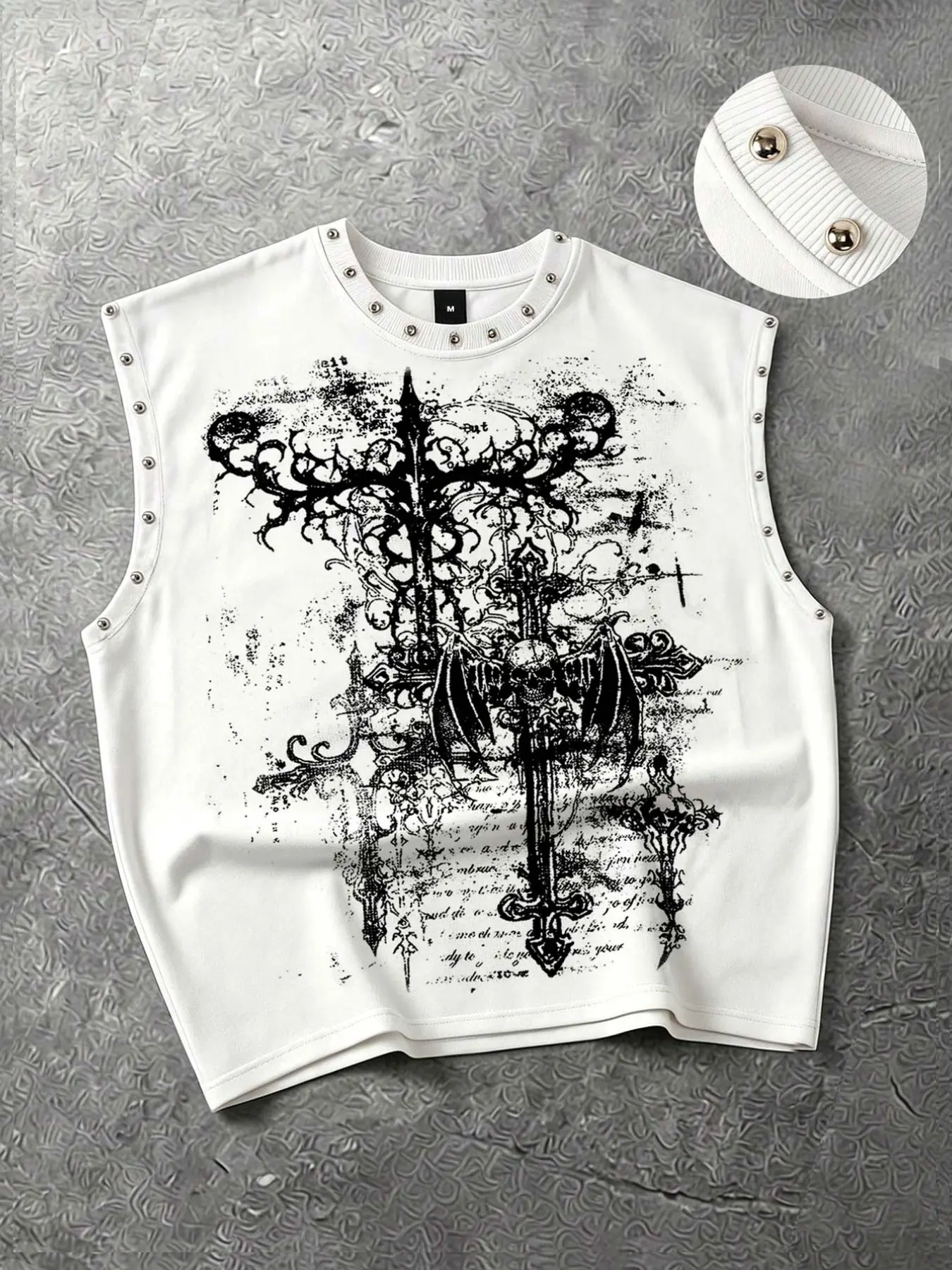 Gothic dark loose Oversized vest for couples, skull skeleton vest, metal foil short vest, sleeveless printed t-shirt vest, aesthetic geometry summer clothes, European and American street fashion brand vest, men's summer vest Y2K dark Streetwear