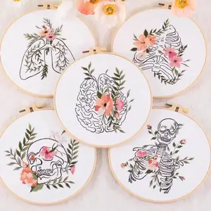 Creative DIY Embroidery Kit Including Embroidery Cloth with Skeleton on Fabric Color Threads and Tools Kit Home Decora
