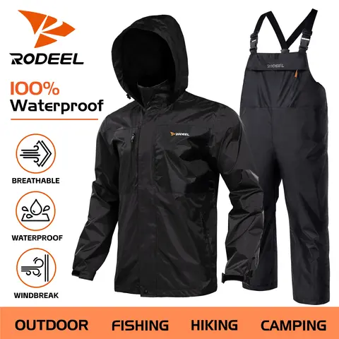 【RODEEL】Waterproof Bib Overalls Rain Suit Men Lightweight Breathable Full Zip Hooded Jacket Durable Rain Coat Weatherproof Rainwear For Outdoor Hiking Camping Fishing Construction Landscaping Gardening Tree Service Workwear SummerWins