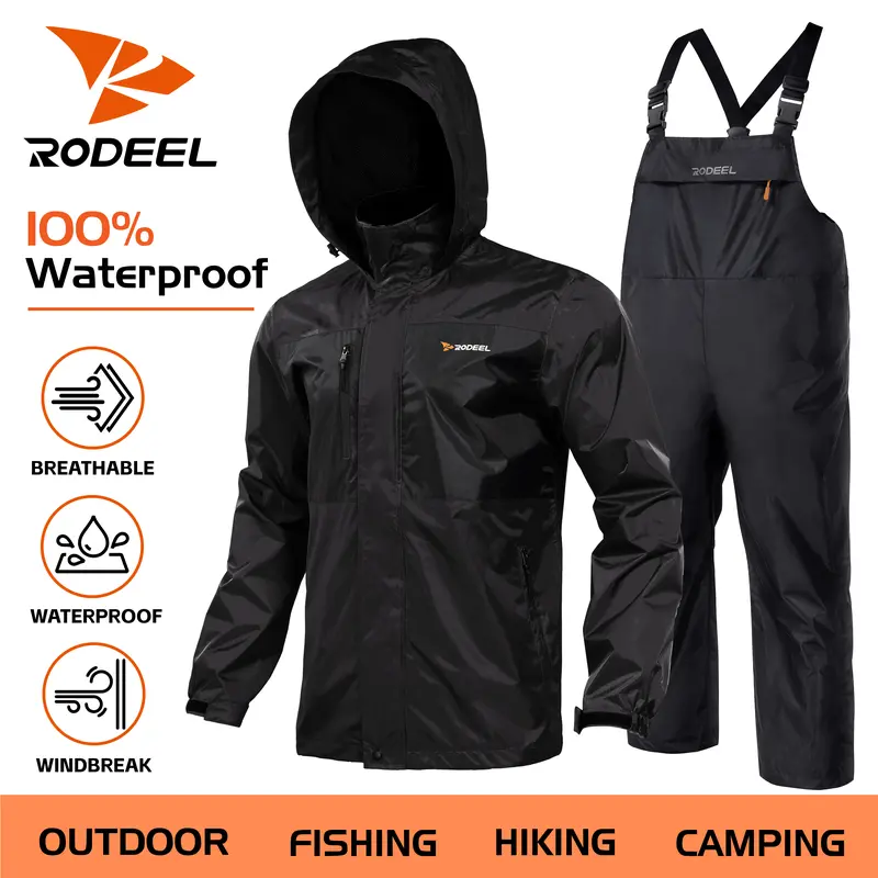 【RODEEL】Waterproof Bib Overalls Rain Suit Men Lightweight Breathable Full Zip Hooded Jacket Durable Rain Coat Weatherproof Rainwear For Outdoor Hiking Camping Fishing Construction Landscaping Gardening Tree Service Workwear SummerWins