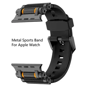 Metal Sports Band Smart Watch Strap for Apple watch Ultra 2/Ultra 49mm - Rugged Military-Grade Silicone with Stainless Steel Connector | Compatible with All Series 10-4 & SE | Waterproof Sport Strap (44-49mm) - Black  (Watch Not Included)