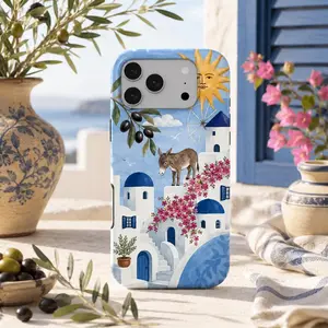 Santorini Greece Phone Case, Blue Dome Mediterranean Art for iPhone 17 16 15 14 Pro Max, Mykonos Donkey Travel Souvenir Gift, Glossy Case