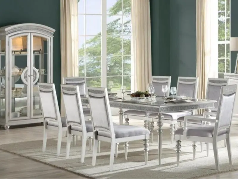 Acme 61800-02-03 7-Pc Dining Room Set - Maverick Platinum Finish Wood Inlay 88" Table, 2 Armchairs (26" x 25" x 39" H), 4 Side Chairs, Assembly Required for Family Gatherings
