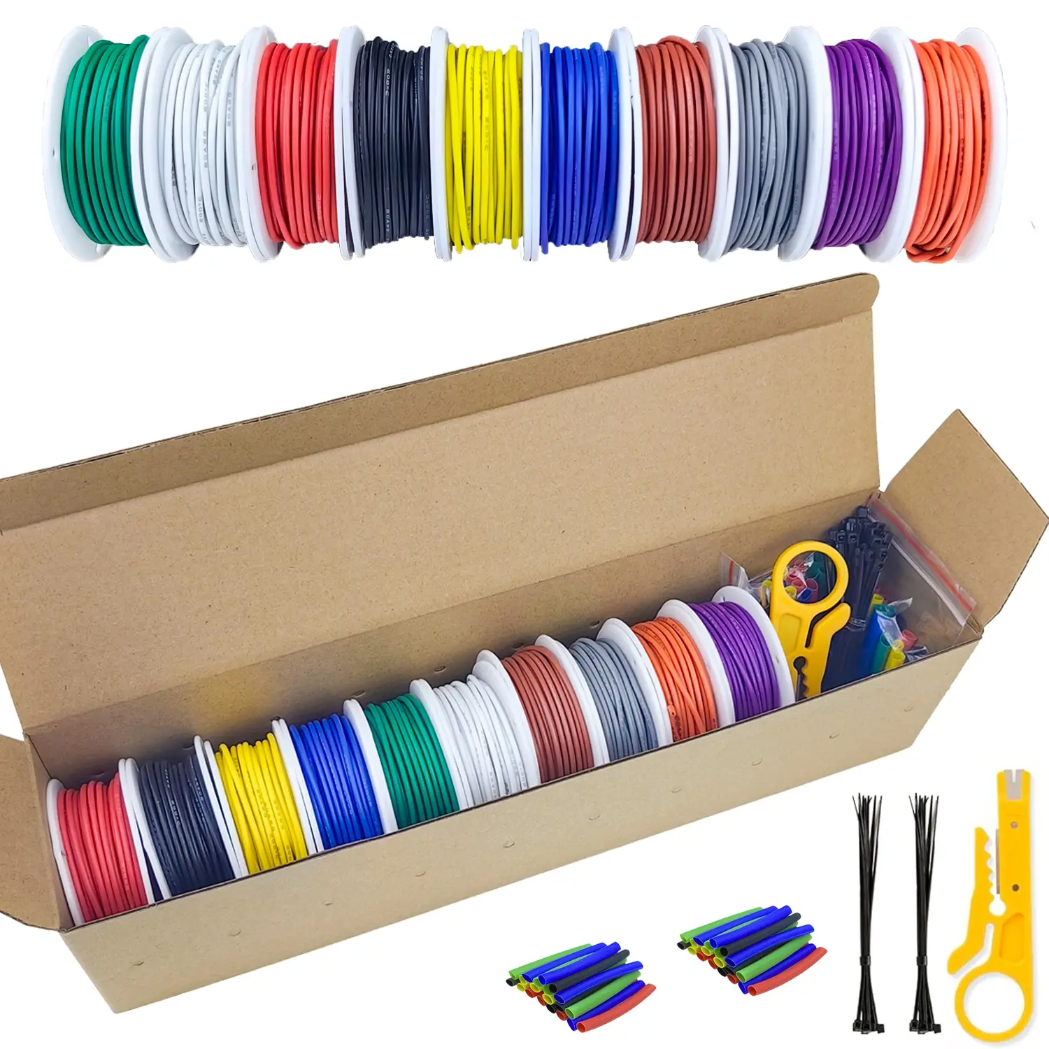 10 Colors in One Box 16-18-20-22-24-26-28-30 AWG Silicone Stranded Electrical Wire with Tools 22 Gauge Tinned Copper Insulated Cable Flexible Electric Hookup Wire Kit for DIY/Automotive/Home/Power Wiring Kit by Insulation AWG Wires
