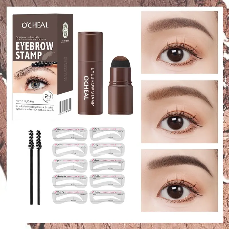 Professional One-Step Eyebrow Stamp Set, Eyebrow Pencil + 10 Templates + 2 Brushes, Natural Hairline, Suitable for Beginners, Cosmetic, Eyebrow Shaper Set