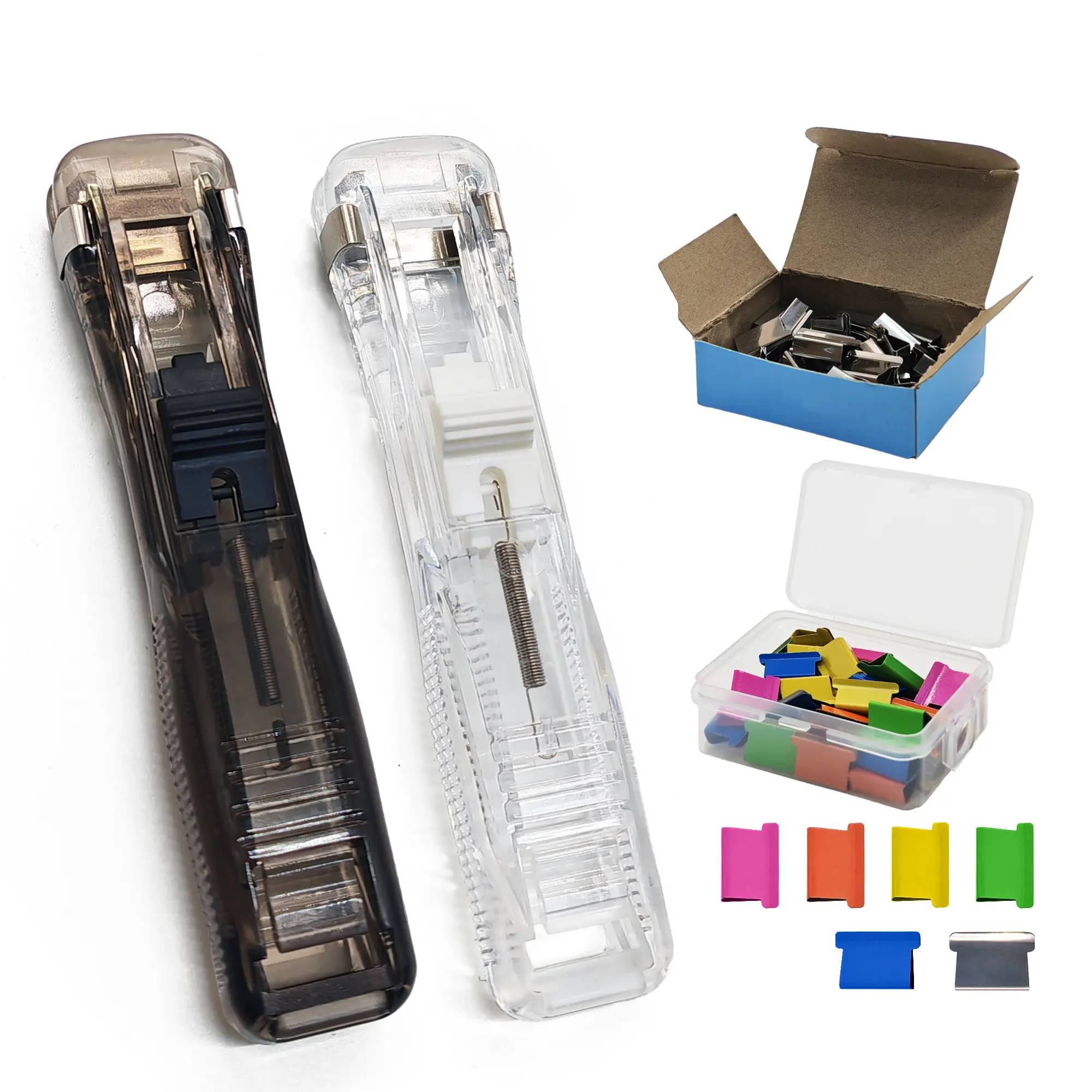 2-in-1 Portable Binder Stapler & Clip Dispenser with 100 Small Binder Clips Included, No-Hole Reusable Paper Organizer, Non-Destructive File Fastener Perfect for Daily Document Binding, Paper Sorting, Office Desktop Storage and Home Study Stationery Use