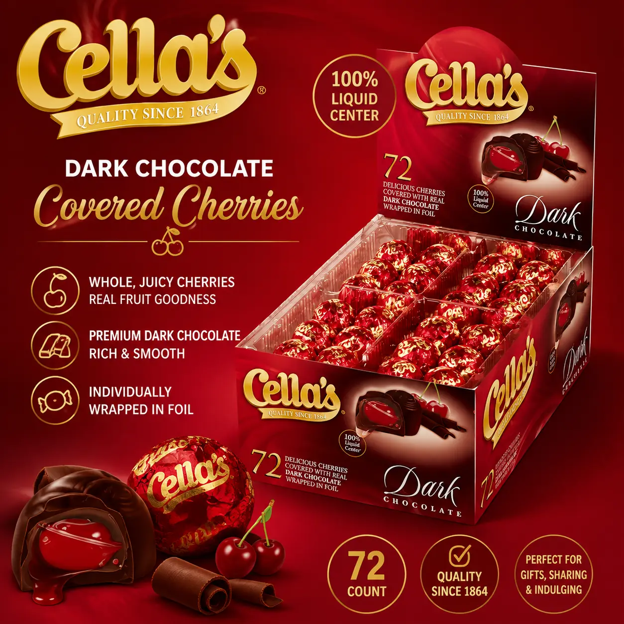Cella's Dark Chocolate Covered Cherries 72 Count  Premium Cherry Candy with Creamy Center | Classic Chocolate Fruit Treats