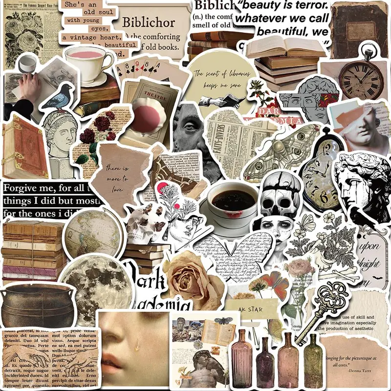 Dark Academia Style Sticker, 50pcs/set Vintage Scrapbooking & Journal Making Material Paper, DIY Decorative Sticker for Stationery & Computer & Water Bottle, Floral Pattern Sticker, Scrapbook Stickers, Sticker Sheets, Sticker Packs