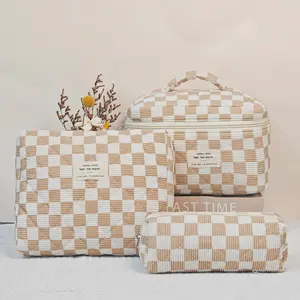 Checkerboard Pattern Makeup Bag Set, 3 Counts/set Large Capacity Travel Cosmetic Storage Bag, Makeup Case, Zipper Makeup Organizer Pouch, Versatile Storage Bag for Travel, Gym, Office, Home, Stackable Makeup Holder Kits, Beauty Organizer, Makeup Organiser