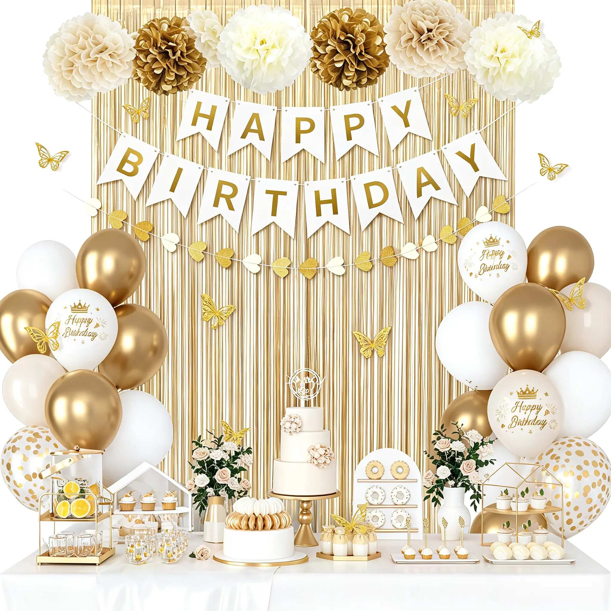 Women’s White and Gold Adult Birthday & Anniversary Party Supplies Kit - 12'' Confetti Sand Confetti, 10'' Metallic Printed Balloons, Butterfly Stickers, Fringe Curtains, Happy Birthday Banner, Heart Garland, Paper Pom-Poms, 2 Balloons Tools