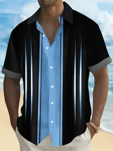 Vintage Bowling Aurora Gradient Men's Buttoned Collared Stripe Short Sleeve Casual Shirt