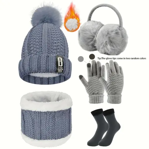 Unisex 5-Piece Windproof Knit Complete Accessories Set - Knitted Hats, Neck Warmer, Touchscreen Gloves, Ear Protectors, Socks, Female-Fit, One-Size, Slight Stretch - Outdoor Sports Gear for Skiing, Hiking