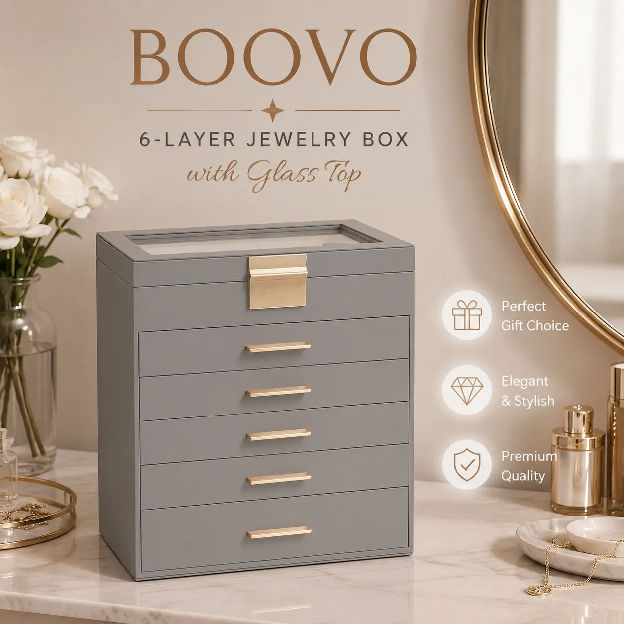 BOOVO (Pearl Gray) 6-Layer Jewelry Box for Women - Large Jewelry Organizer with Glass Lid & Mirror, PU Leather Jewelry Storage Box, Velvet-Lined Holder for Necklaces, Rings & Earrings, Birthday Gift for Mom, Wife & Girlfriend