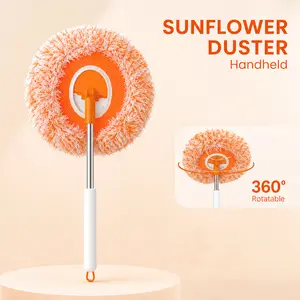 Lightweight Handheld Sunflower Duster, 360° Rotatable Microfiber Dust Cleaner, Washable Fluffy Dusting Brush, Multi-Surface Household Cleaning Tool for Car, Furniture, Corners Extendable Pink Broom and Dustpan Set
