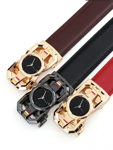 New Trendy Leather Belt with Clock Dial Alloy Automatic Buckle, High-End Fashion Business Waistband for Men, Casual All Seasons, Trendy Exquisite Belt